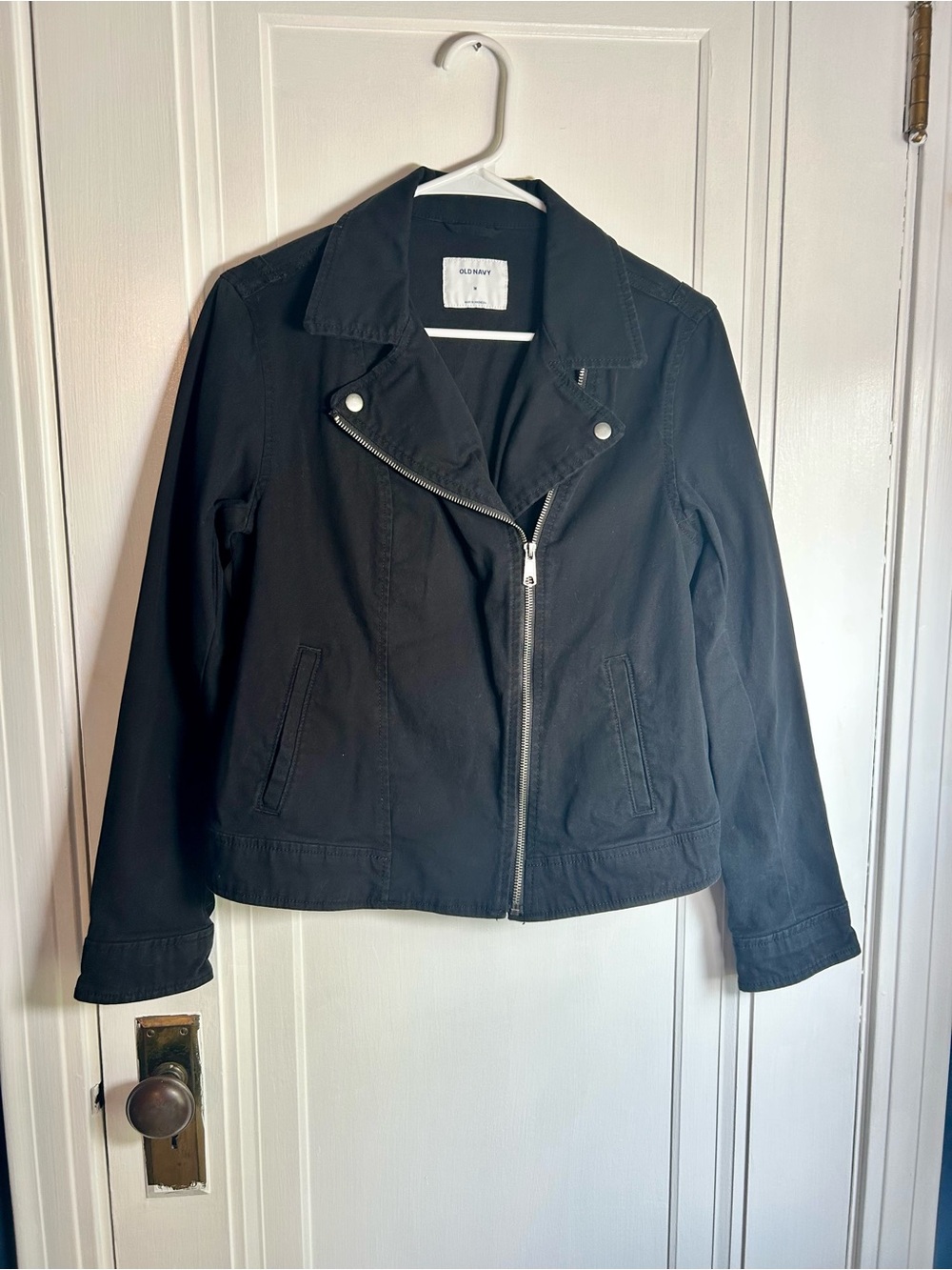 Old Navy Black Moto Jacket Women's Medium Zip Front Denim Biker Coat Size Medium - Picture 4 of 11